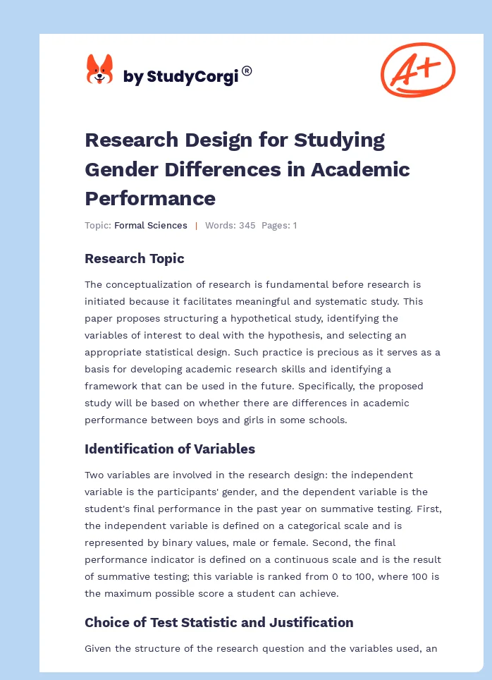 Research Design for Studying Gender Differences in Academic Performance. Page 1
