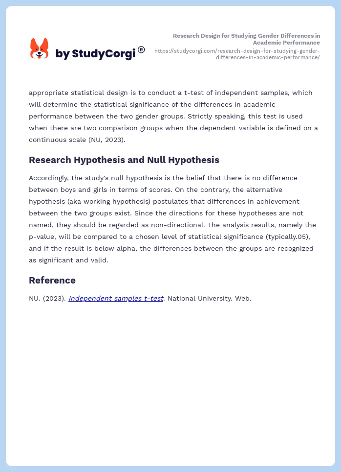 Research Design for Studying Gender Differences in Academic Performance. Page 2