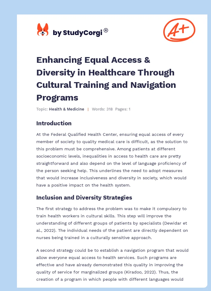 Enhancing Equal Access & Diversity in Healthcare Through Cultural Training and Navigation Programs. Page 1