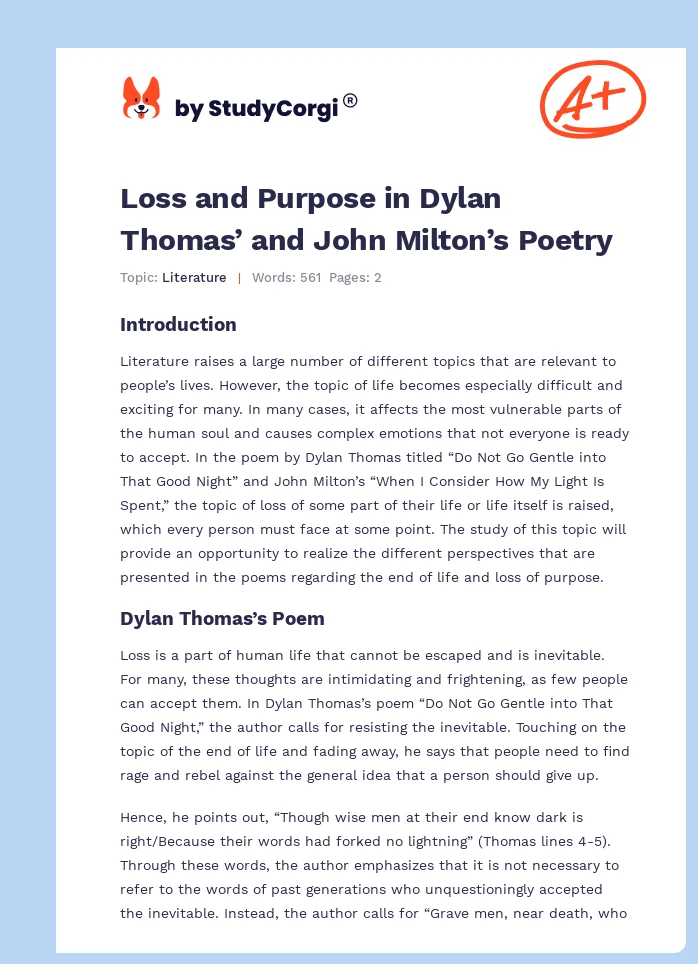 Loss and Purpose in Dylan Thomas’ and John Milton’s Poetry. Page 1