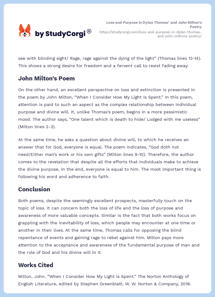Loss and Purpose in Dylan Thomas’ and John Milton’s Poetry. Page 2