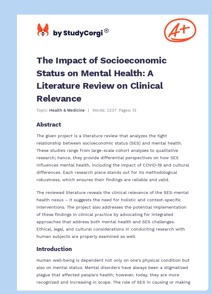 The Impact of Socioeconomic Status on Mental Health: A Literature Review on Clinical Relevance. Page 1