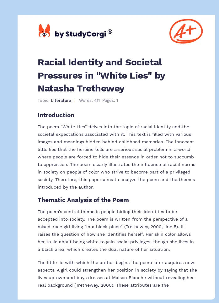 Racial Identity and Societal Pressures in "White Lies" by Natasha Trethewey. Page 1