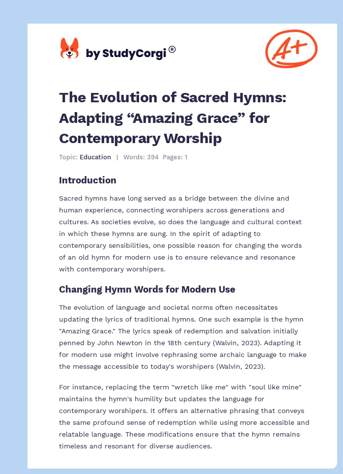 The Evolution of Sacred Hymns: Adapting “Amazing Grace” for Contemporary Worship. Page 1