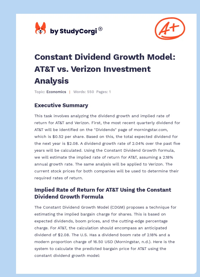 Constant Dividend Growth Model: AT&T vs. Verizon Investment Analysis. Page 1
