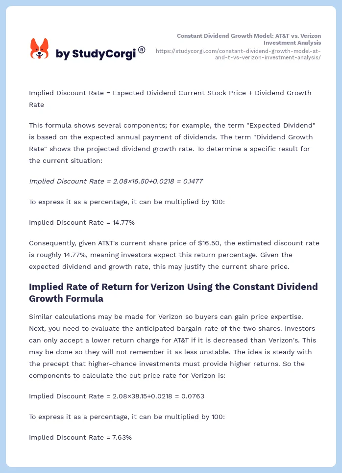 Constant Dividend Growth Model: AT&T vs. Verizon Investment Analysis. Page 2