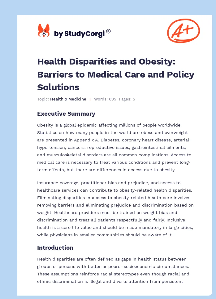 Health Disparities and Obesity: Barriers to Medical Care and Policy Solutions. Page 1