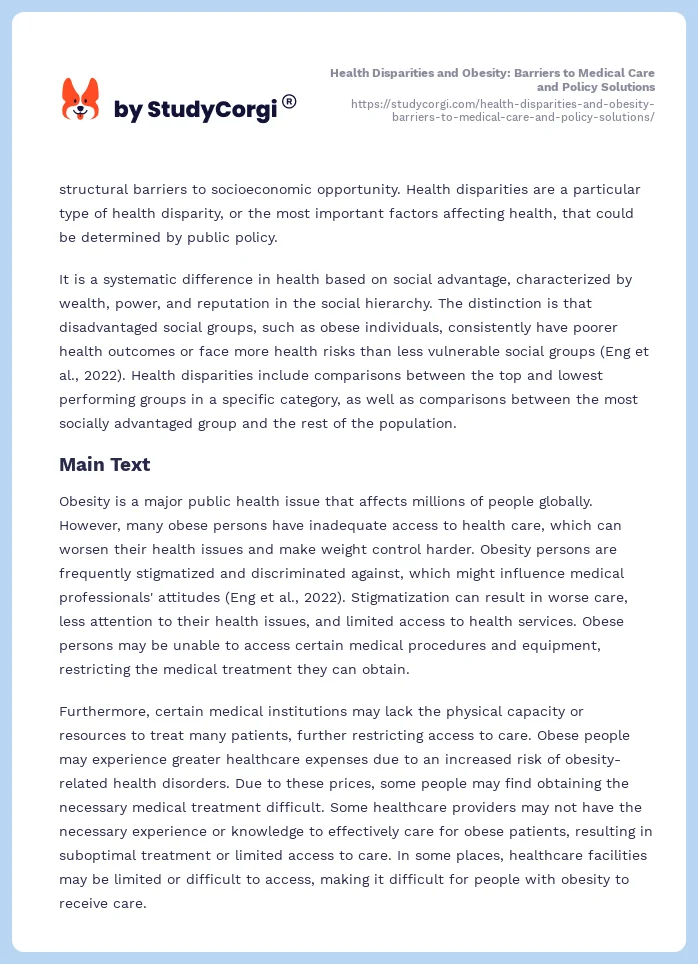 Health Disparities and Obesity: Barriers to Medical Care and Policy Solutions. Page 2