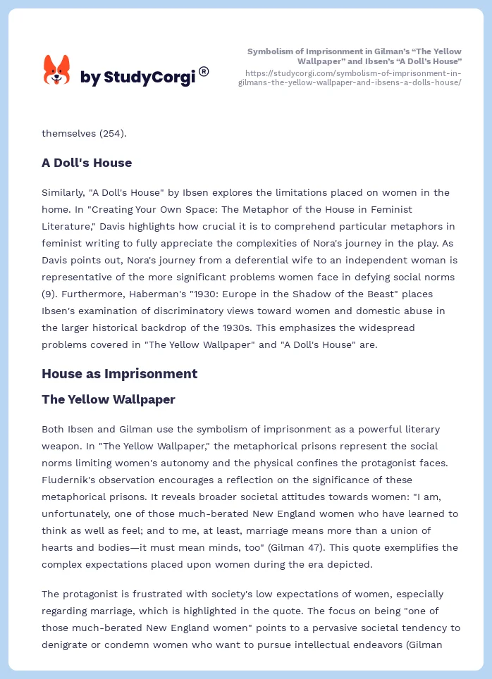 Symbolism of Imprisonment in Gilman’s “The Yellow Wallpaper” and Ibsen’s “A Doll’s House”. Page 2