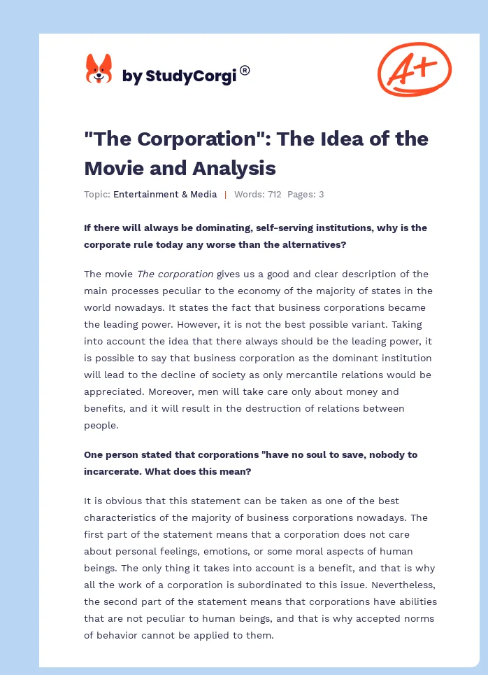 "The Corporation": The Idea of the Movie and Analysis. Page 1