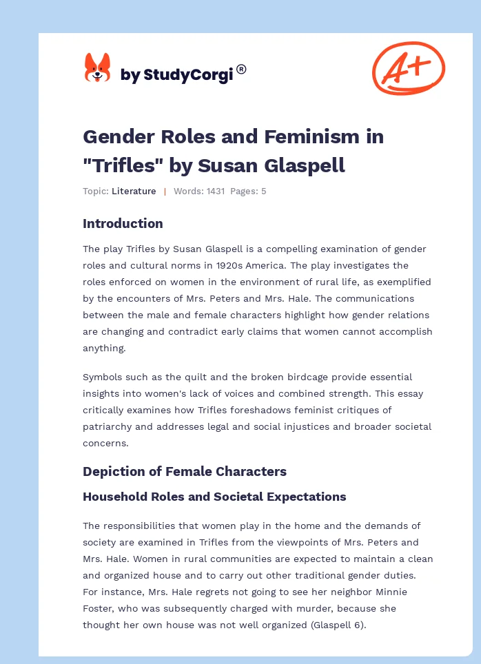 Gender Roles and Feminism in "Trifles" by Susan Glaspell. Page 1