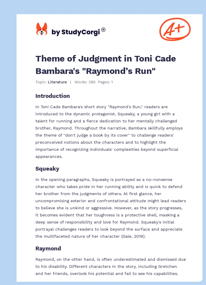 Theme of Judgment in Toni Cade Bambara's "Raymond’s Run". Page 1