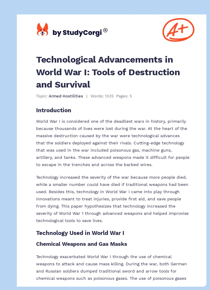 Technological Advancements in World War I: Tools of Destruction and Survival. Page 1