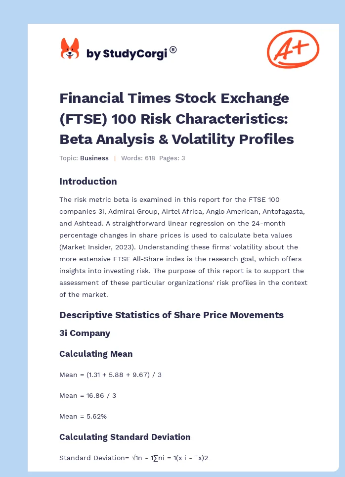 Financial Times Stock Exchange (FTSE) 100 Risk Characteristics: Beta Analysis & Volatility Profiles. Page 1