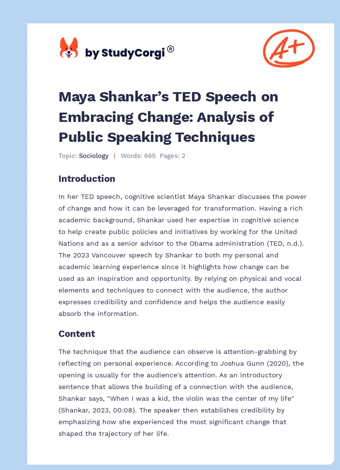 Maya Shankar’s TED Speech on Embracing Change: Analysis of Public Speaking Techniques. Page 1