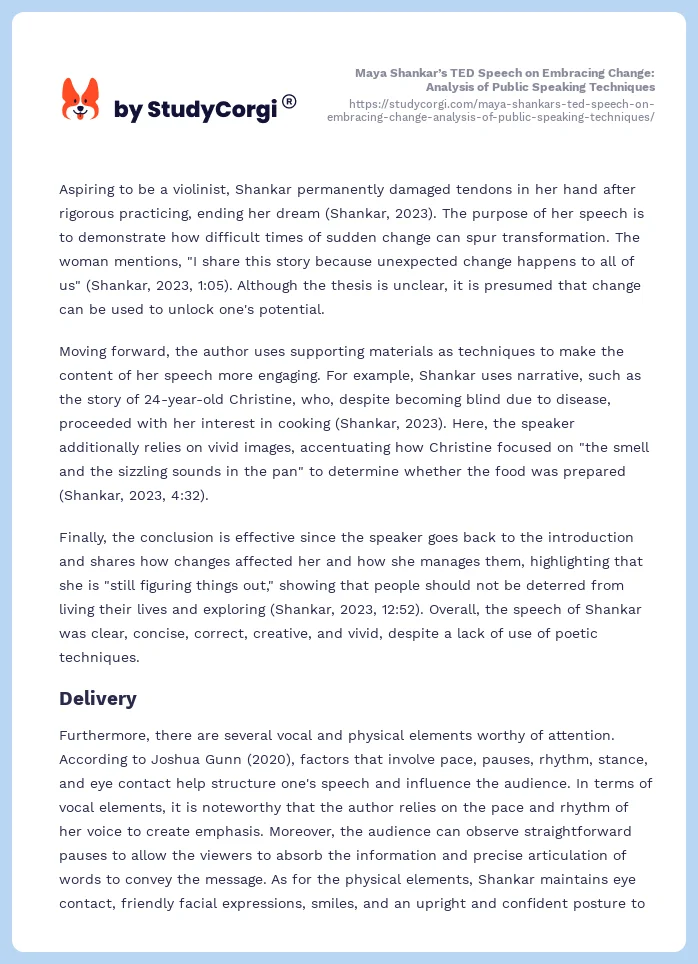 Maya Shankar’s TED Speech on Embracing Change: Analysis of Public Speaking Techniques. Page 2