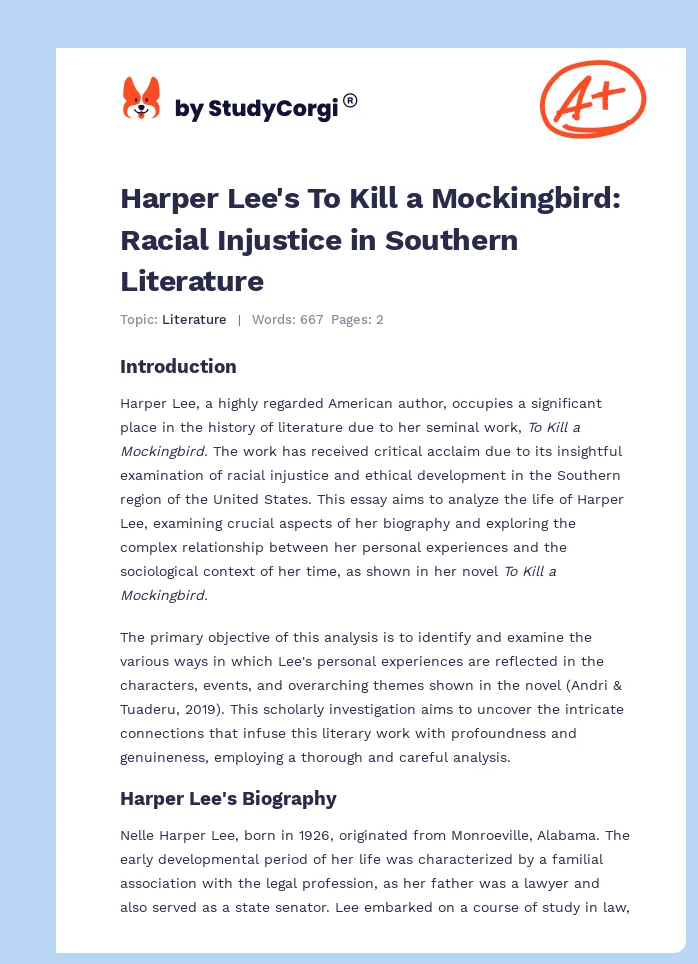 Harper Lee's To Kill a Mockingbird: Racial Injustice in Southern Literature. Page 1