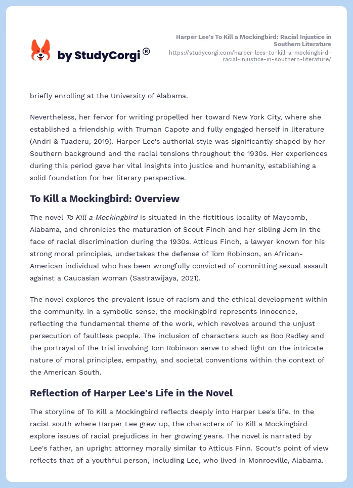 Harper Lee's To Kill a Mockingbird: Racial Injustice in Southern Literature. Page 2