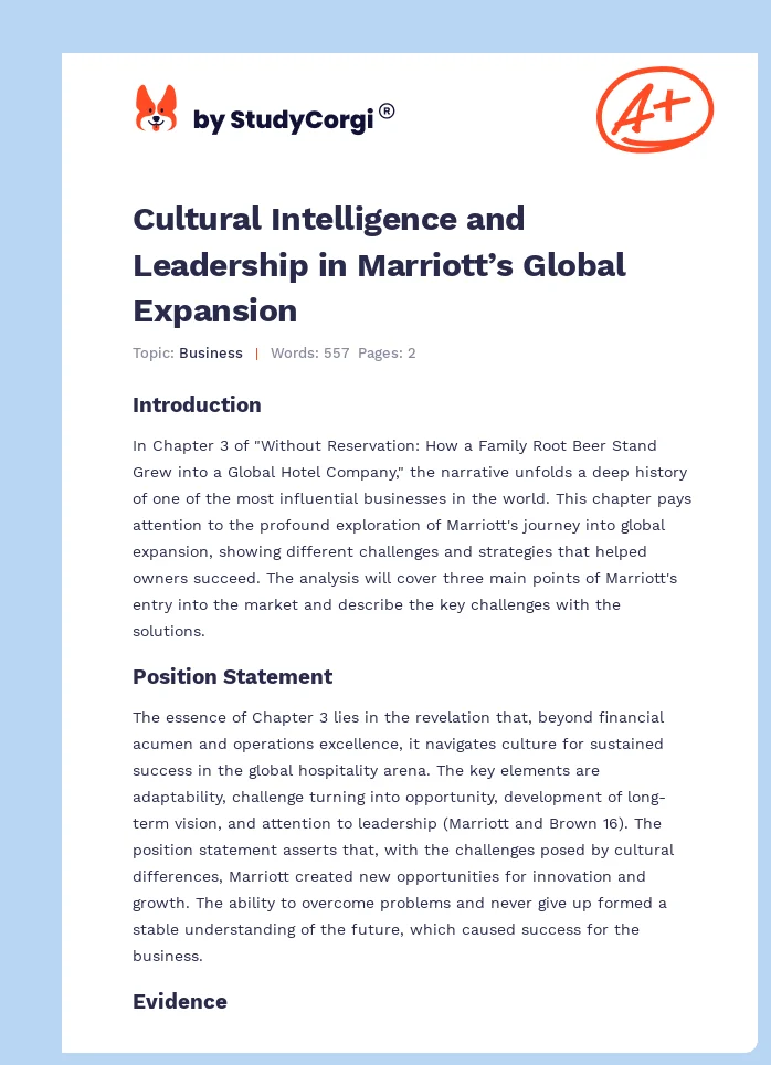 Cultural Intelligence and Leadership in Marriott’s Global Expansion. Page 1