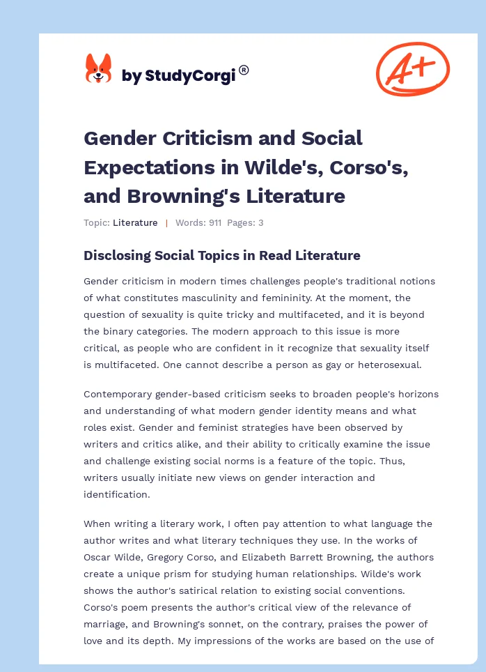 Gender Criticism and Social Expectations in Wilde's, Corso's, and Browning's Literature. Page 1