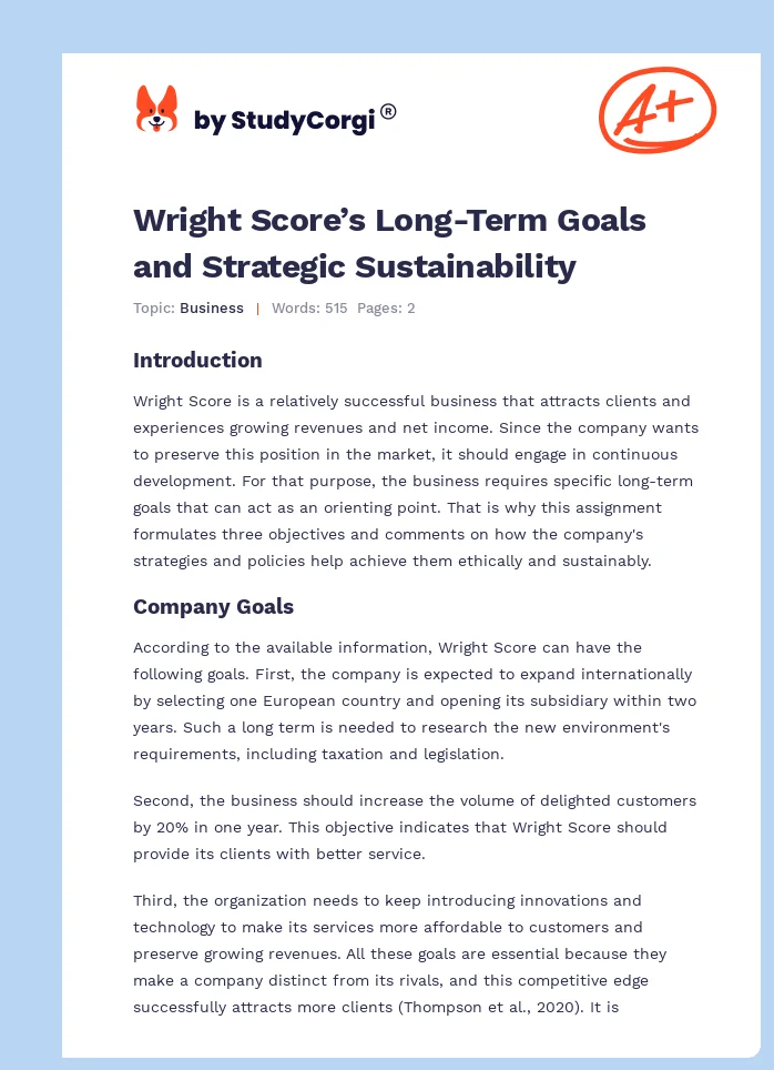 Wright Score’s Long-Term Goals and Strategic Sustainability. Page 1