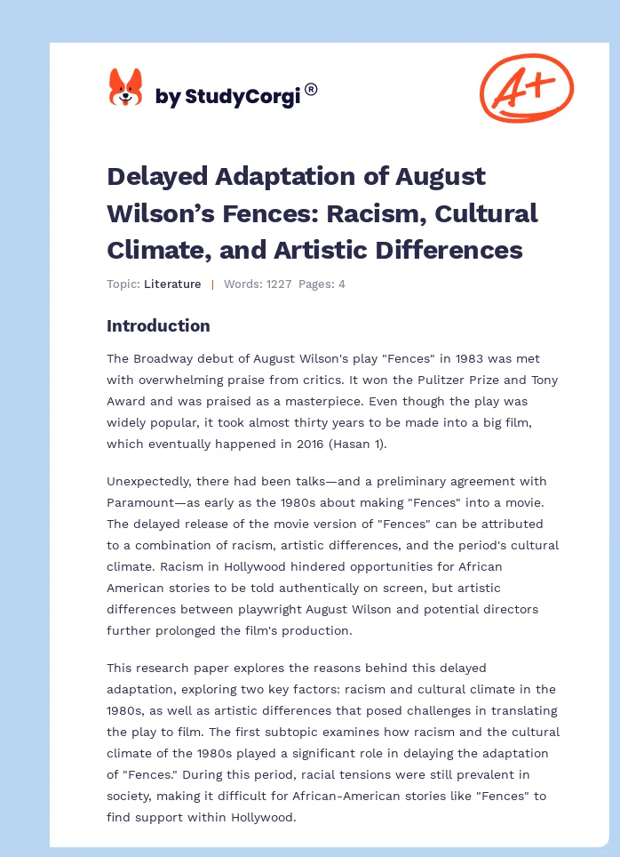 Delayed Adaptation of August Wilson’s Fences: Racism, Cultural Climate, and Artistic Differences. Page 1