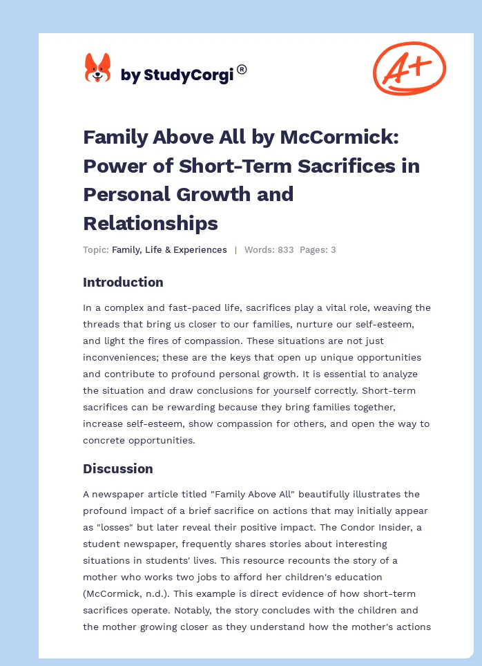 Family Above All by McCormick: Power of Short-Term Sacrifices in Personal Growth and Relationships. Page 1