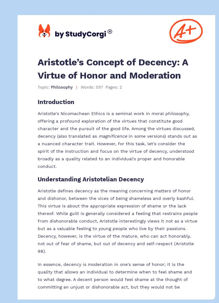 Aristotle’s Concept of Decency: A Virtue of Honor and Moderation. Page 1