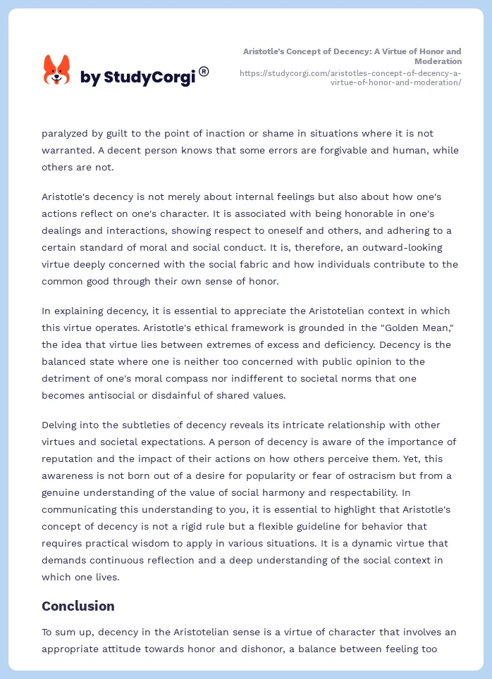 Aristotle’s Concept of Decency: A Virtue of Honor and Moderation. Page 2