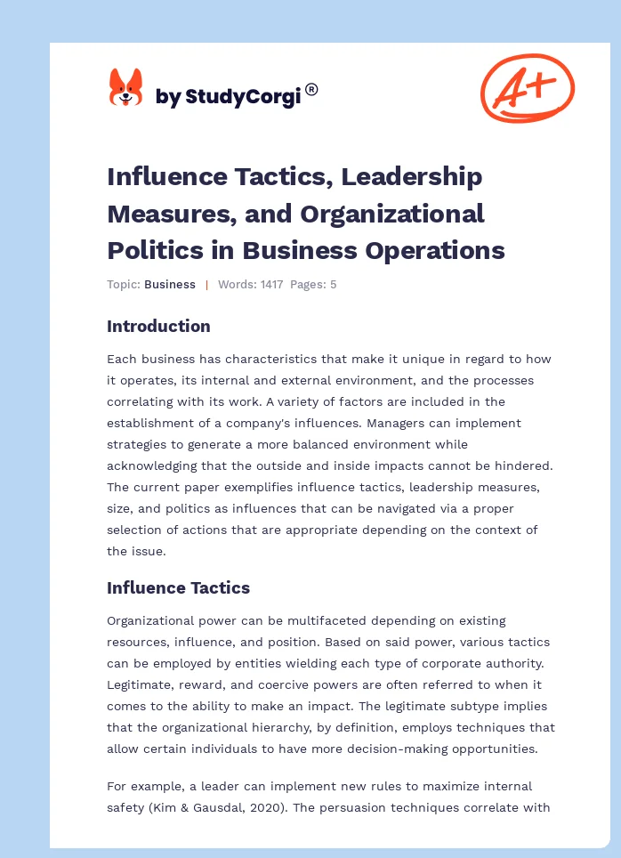 Influence Tactics, Leadership Measures, and Organizational Politics in Business Operations. Page 1