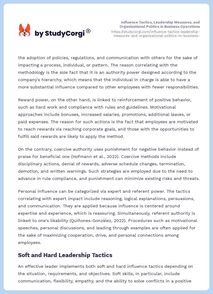 Influence Tactics, Leadership Measures, and Organizational Politics in Business Operations. Page 2