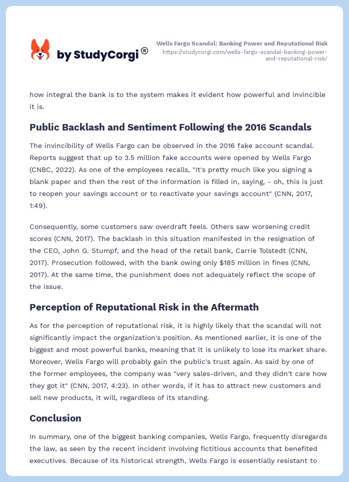 Wells Fargo Scandal: Banking Power and Reputational Risk. Page 2