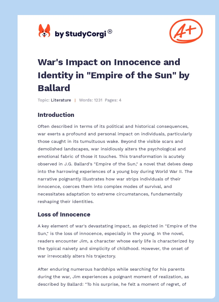 War's Impact on Innocence and Identity in "Empire of the Sun" by Ballard. Page 1