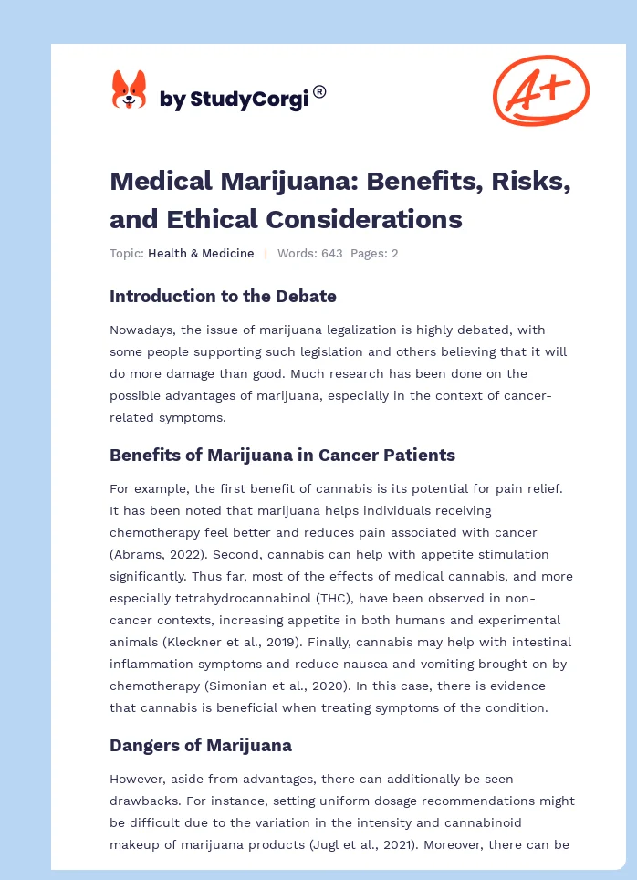 Medical Marijuana: Benefits, Risks, and Ethical Considerations. Page 1