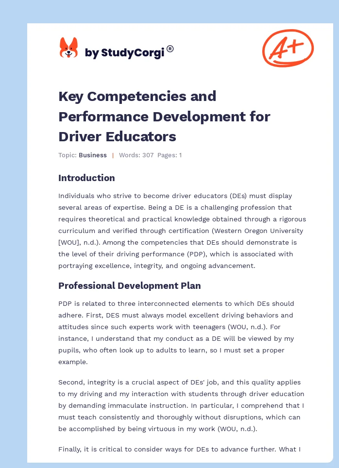 Key Competencies and Performance Development for Driver Educators. Page 1