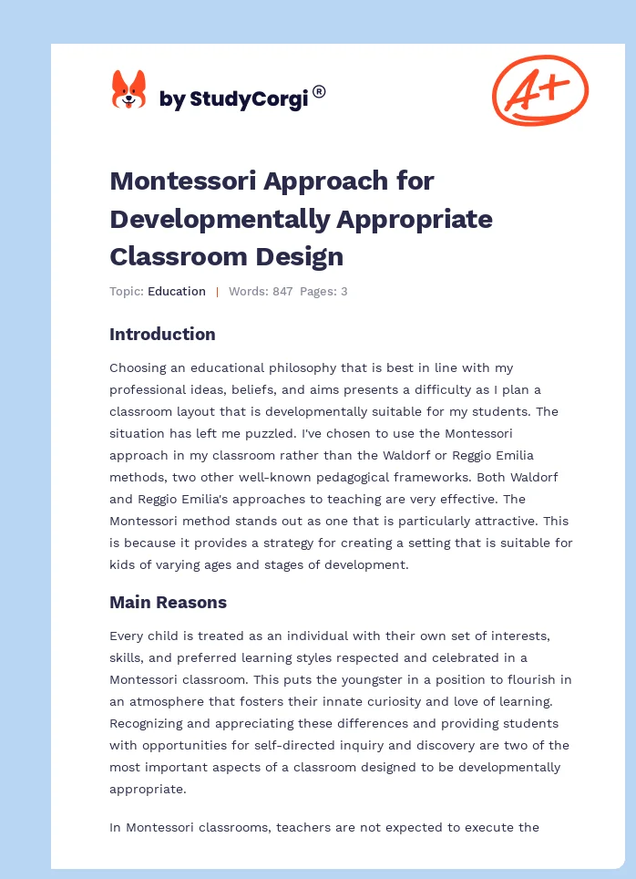Montessori Approach for Developmentally Appropriate Classroom Design. Page 1