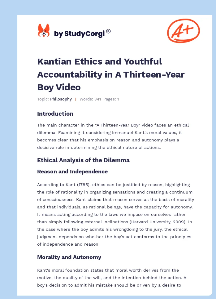 Kantian Ethics and Youthful Accountability in A Thirteen-Year Boy Video. Page 1