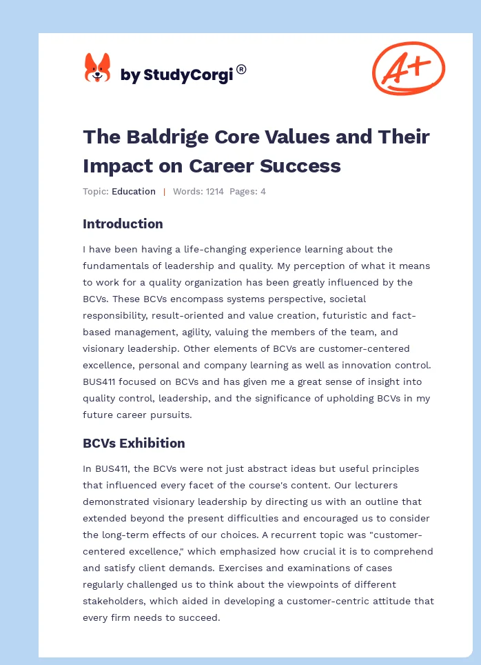 The Baldrige Core Values and Their Impact on Career Success. Page 1