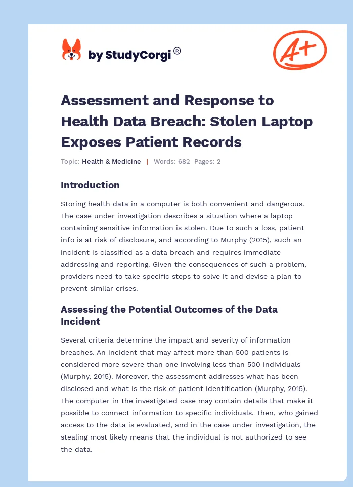 Assessment and Response to Health Data Breach: Stolen Laptop Exposes Patient Records. Page 1