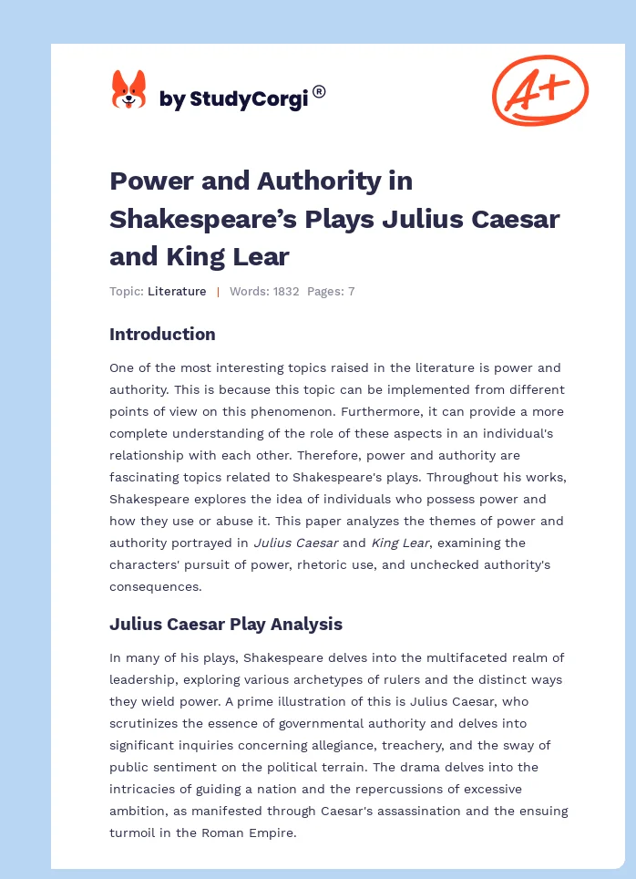 Power and Authority in Shakespeare’s Plays Julius Caesar and King Lear. Page 1