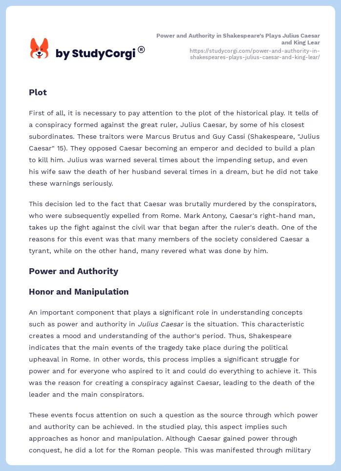 Power and Authority in Shakespeare’s Plays Julius Caesar and King Lear. Page 2