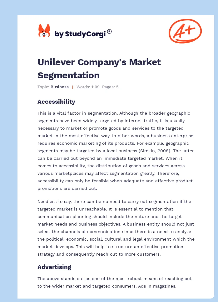 Unilever Company's Market Segmentation. Page 1