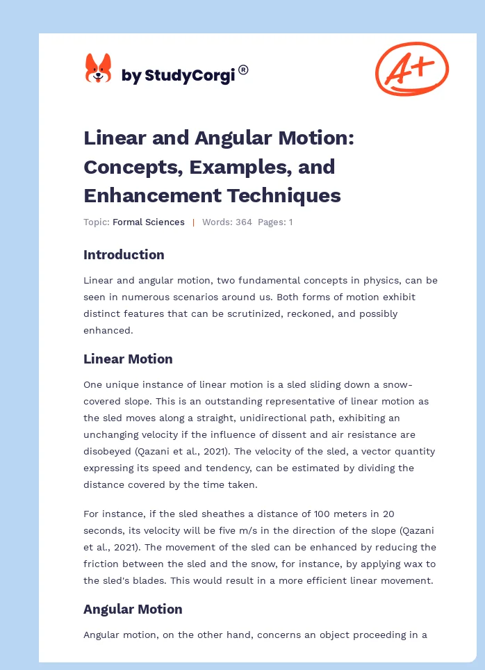 Linear and Angular Motion: Concepts, Examples, and Enhancement Techniques. Page 1
