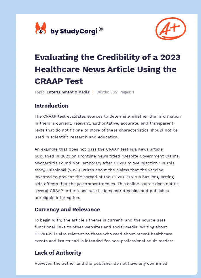 Evaluating the Credibility of a 2023 Healthcare News Article Using the CRAAP Test. Page 1
