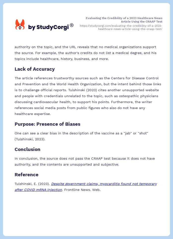 Evaluating the Credibility of a 2023 Healthcare News Article Using the CRAAP Test. Page 2