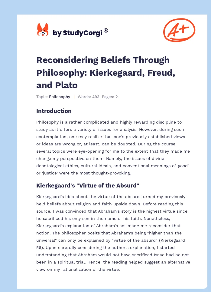 Reconsidering Beliefs Through Philosophy: Kierkegaard, Freud, and Plato. Page 1