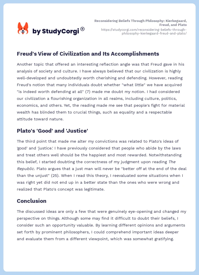 Reconsidering Beliefs Through Philosophy: Kierkegaard, Freud, and Plato. Page 2