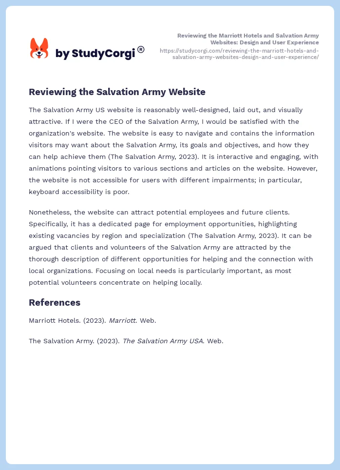 Reviewing the Marriott Hotels and Salvation Army Websites: Design and User Experience. Page 2