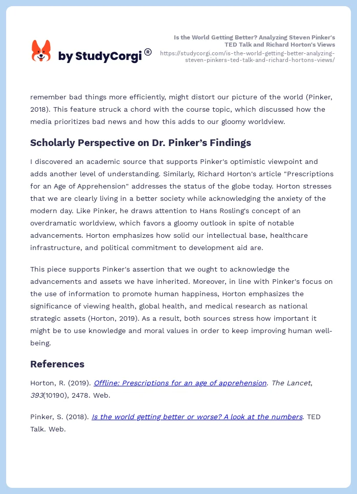 Is the World Getting Better? Analyzing Steven Pinker's TED Talk and Richard Horton's Views. Page 2
