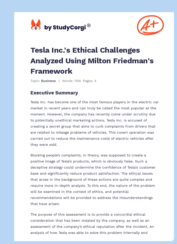 Tesla Inc.'s Ethical Challenges Analyzed Using Milton Friedman's Framework. Page 1